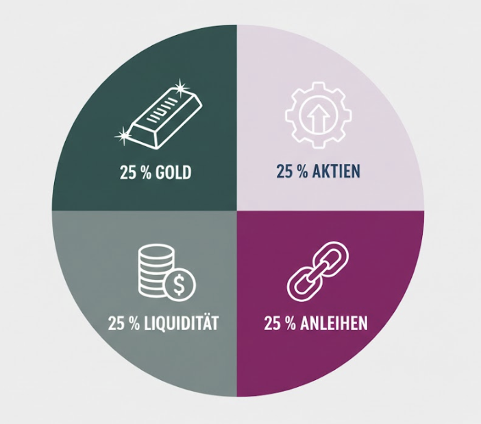 Diversifizierung der Geldanlage z.B. gleiche Teile in Aktien, Anleihen, Gold und Liquidität