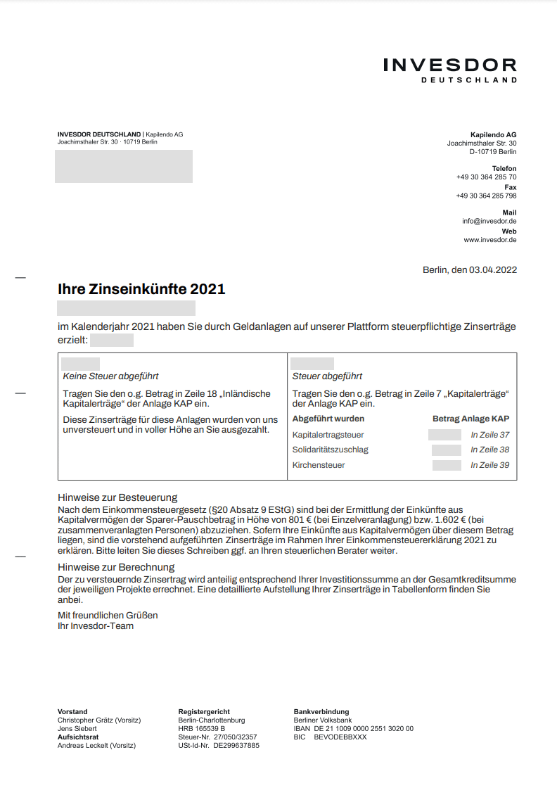 Invesdor Zinsübersicht für die Steuererklärung